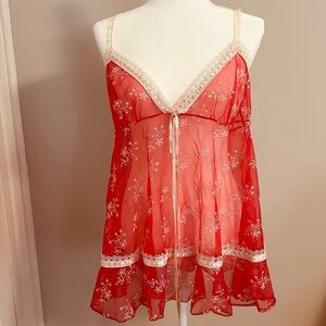 Vintage Y2K Victoria’s Secret Sheer Red Cream Embroidered Babydoll Chemise